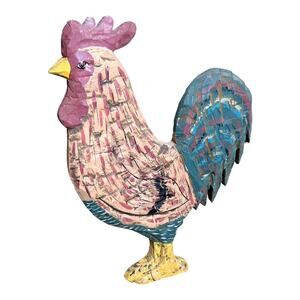 Vtg Wood Farmhouse Country Rooster Decor Hand Carved 12” Tall 9” Long Distressed